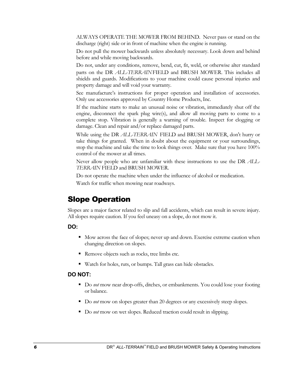 Slope operation | DR Power Walk-behind 13 - 17 HP (April 2005 - August 2005) User Manual | Page 10 / 54