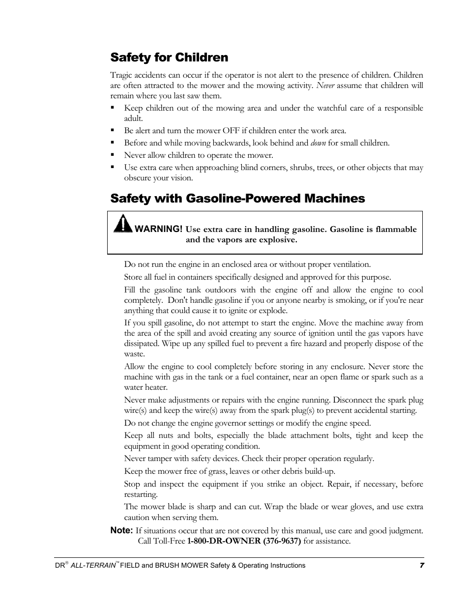 Safety for children, Safety with gasoline-powered machines | DR Power Walk-behind 13 - 17 HP (April 2005 - August 2005) User Manual | Page 11 / 54