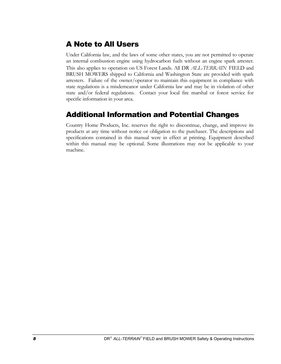 Additional information and potential changes | DR Power Walk-behind 13 - 17 HP (April 2005 - August 2005) User Manual | Page 12 / 54