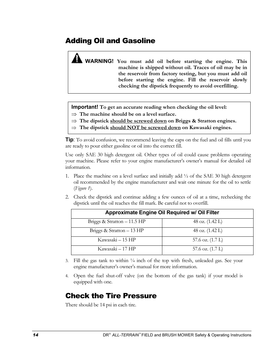 Adding oil and gasoline, Check the tire pressure | DR Power Walk-behind 13 - 17 HP (April 2005 - August 2005) User Manual | Page 18 / 54