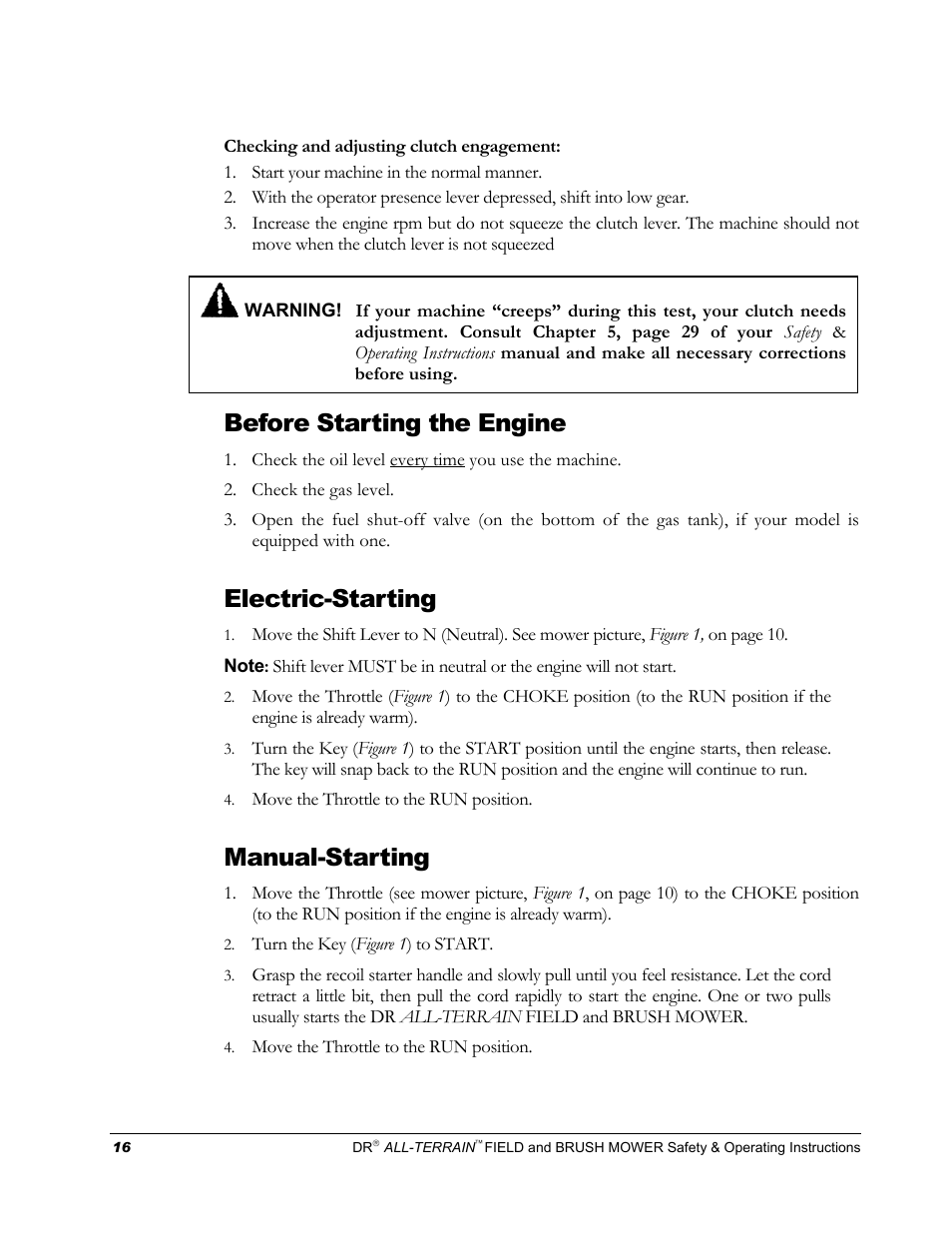 Before starting the engine, Electric-starting, Manual-starting | DR Power Walk-behind 13 - 17 HP (April 2005 - August 2005) User Manual | Page 20 / 54