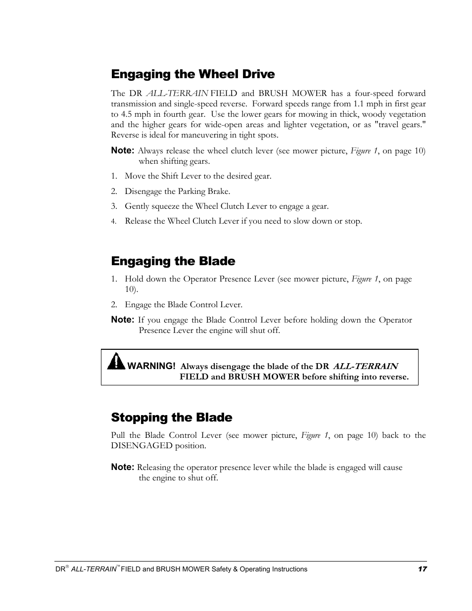 Engaging the wheel drive, Engaging the blade, Stopping the blade | DR Power Walk-behind 13 - 17 HP (April 2005 - August 2005) User Manual | Page 21 / 54