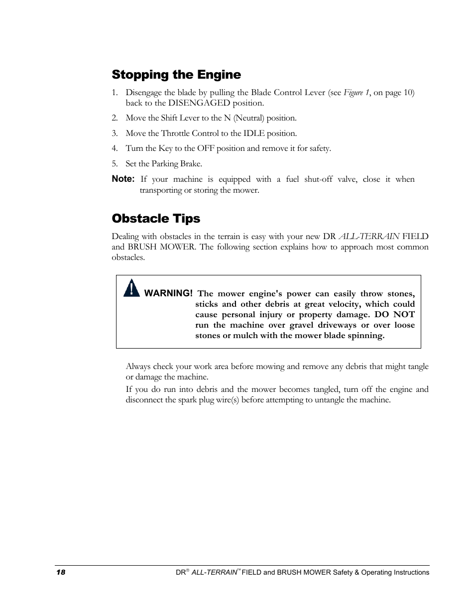 Stopping the engine, Obstacle tips | DR Power Walk-behind 13 - 17 HP (April 2005 - August 2005) User Manual | Page 22 / 54