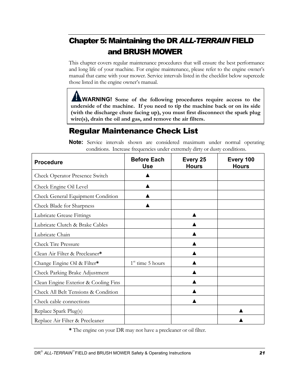 Chapter 5: maintaining the dr all-terrain, Field and brush mower, Regular maintenance check list | DR Power Walk-behind 13 - 17 HP (April 2005 - August 2005) User Manual | Page 25 / 54