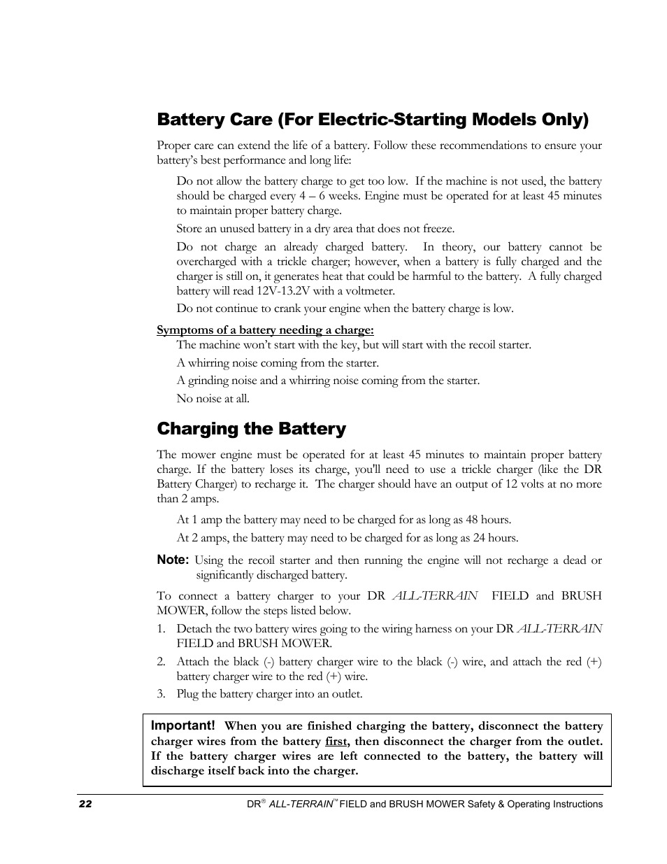 Battery care (for electric-starting models only), Charging the battery | DR Power Walk-behind 13 - 17 HP (April 2005 - August 2005) User Manual | Page 26 / 54