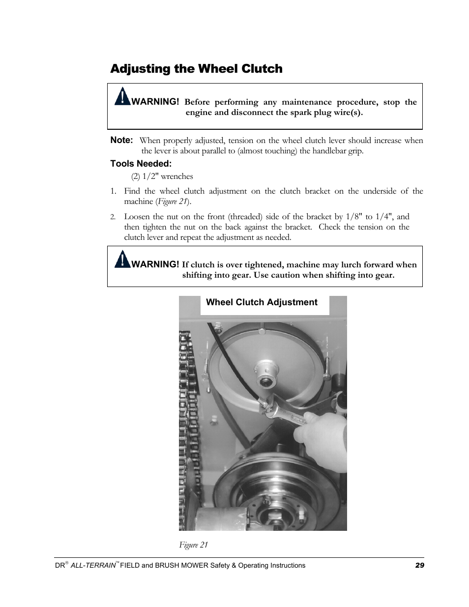 Adjusting the wheel clutch | DR Power Walk-behind 13 - 17 HP (April 2005 - August 2005) User Manual | Page 33 / 54