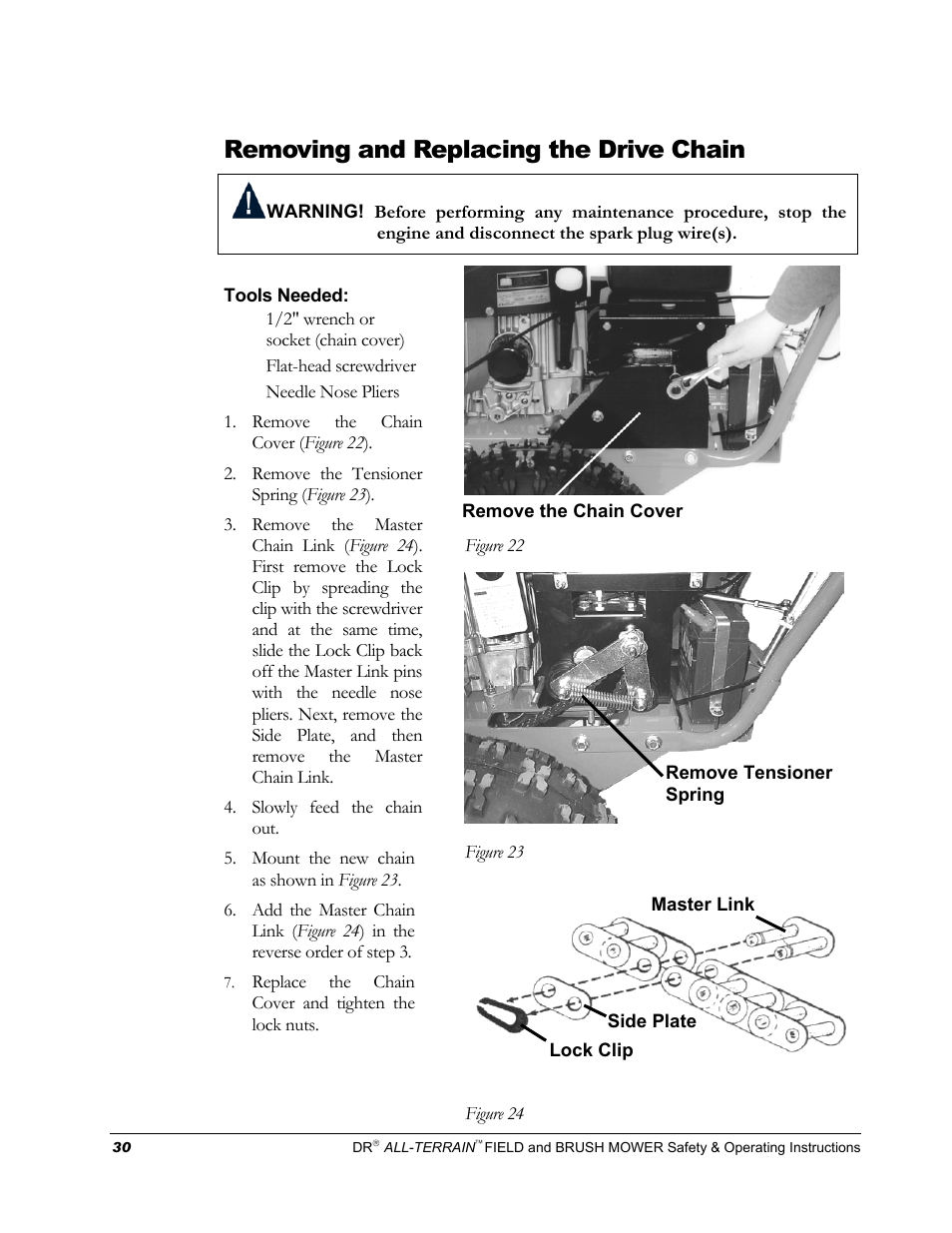 Removing and replacing the drive chain | DR Power Walk-behind 13 - 17 HP (April 2005 - August 2005) User Manual | Page 34 / 54