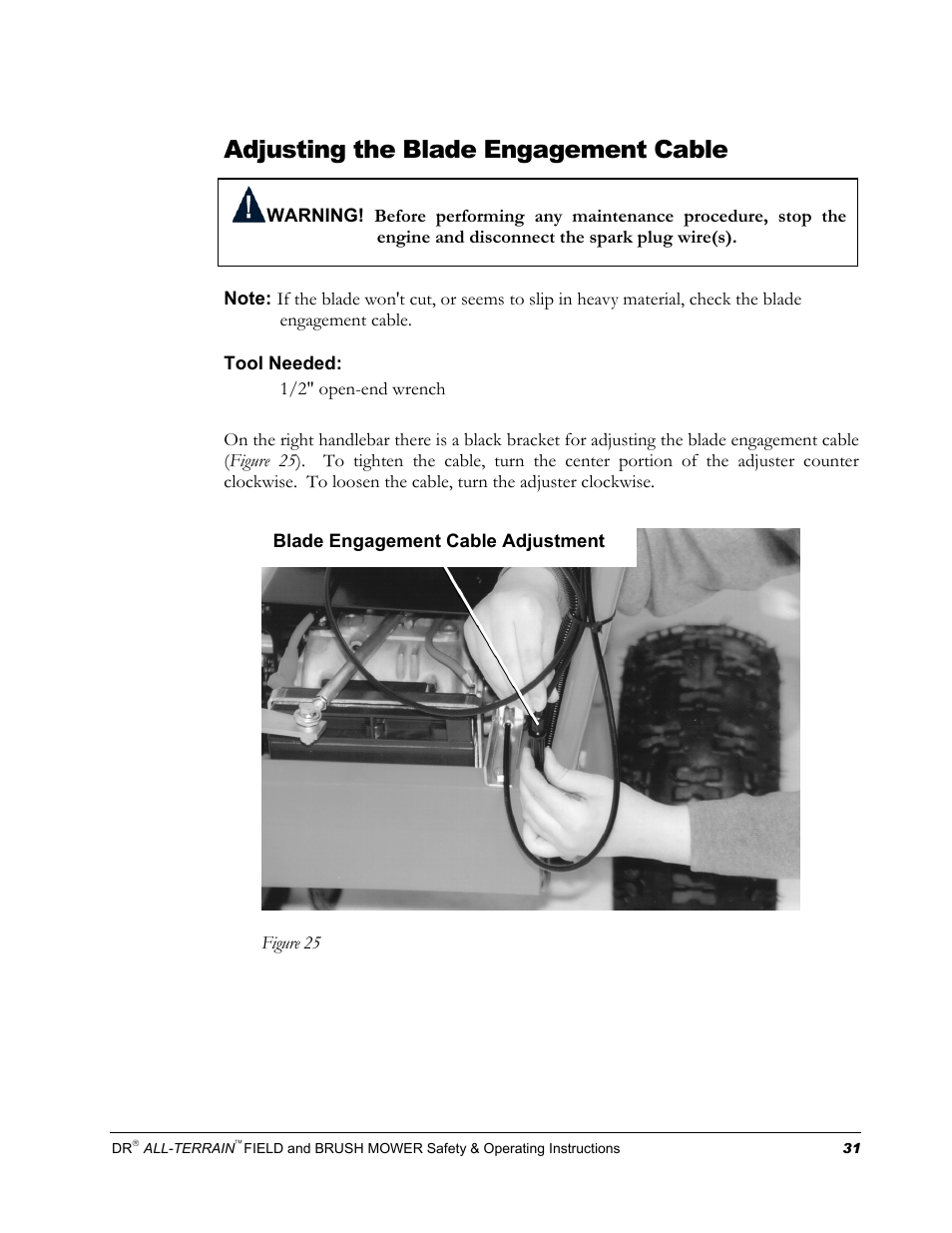 Adjusting the blade engagement cable | DR Power Walk-behind 13 - 17 HP (April 2005 - August 2005) User Manual | Page 35 / 54