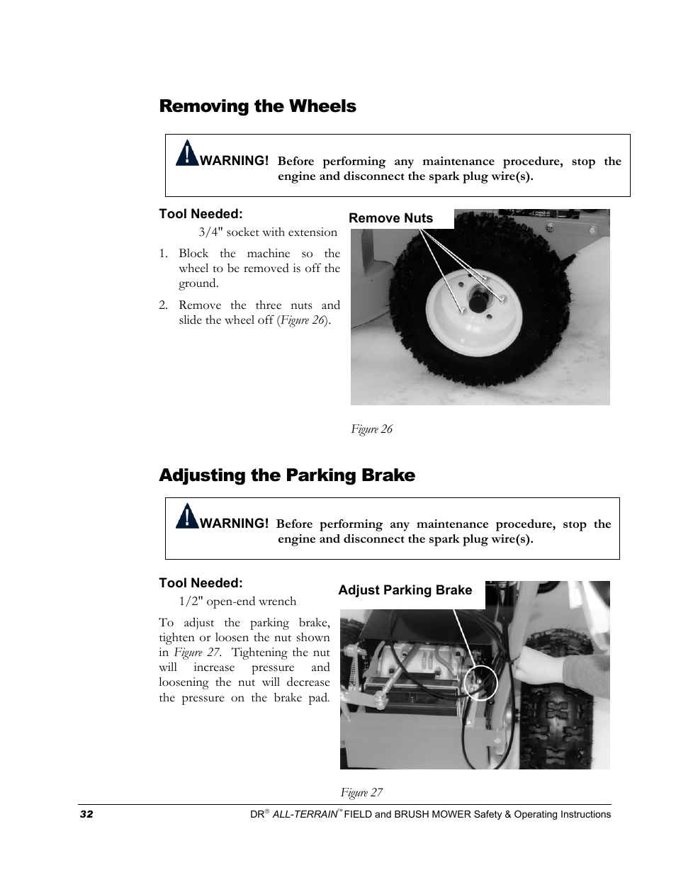 Removing the wheels, Adjusting the parking brake | DR Power Walk-behind 13 - 17 HP (April 2005 - August 2005) User Manual | Page 36 / 54