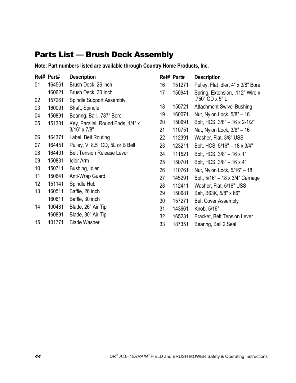 Parts list — brush deck assembly | DR Power Walk-behind 13 - 17 HP (April 2005 - August 2005) User Manual | Page 48 / 54