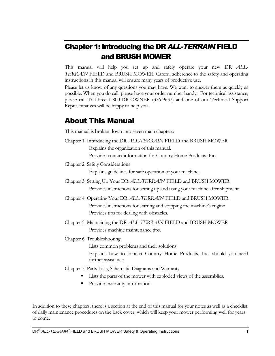 Chapter 1: introducing the dr all-terrain, Field and brush mower, About this manual | DR Power Walk-behind 13 - 17 HP (April 2005 - August 2005) User Manual | Page 5 / 54
