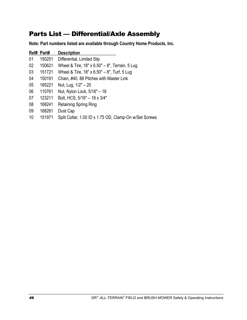 Parts list — differential/axle assembly | DR Power Walk-behind 13 - 17 HP (April 2005 - August 2005) User Manual | Page 50 / 54