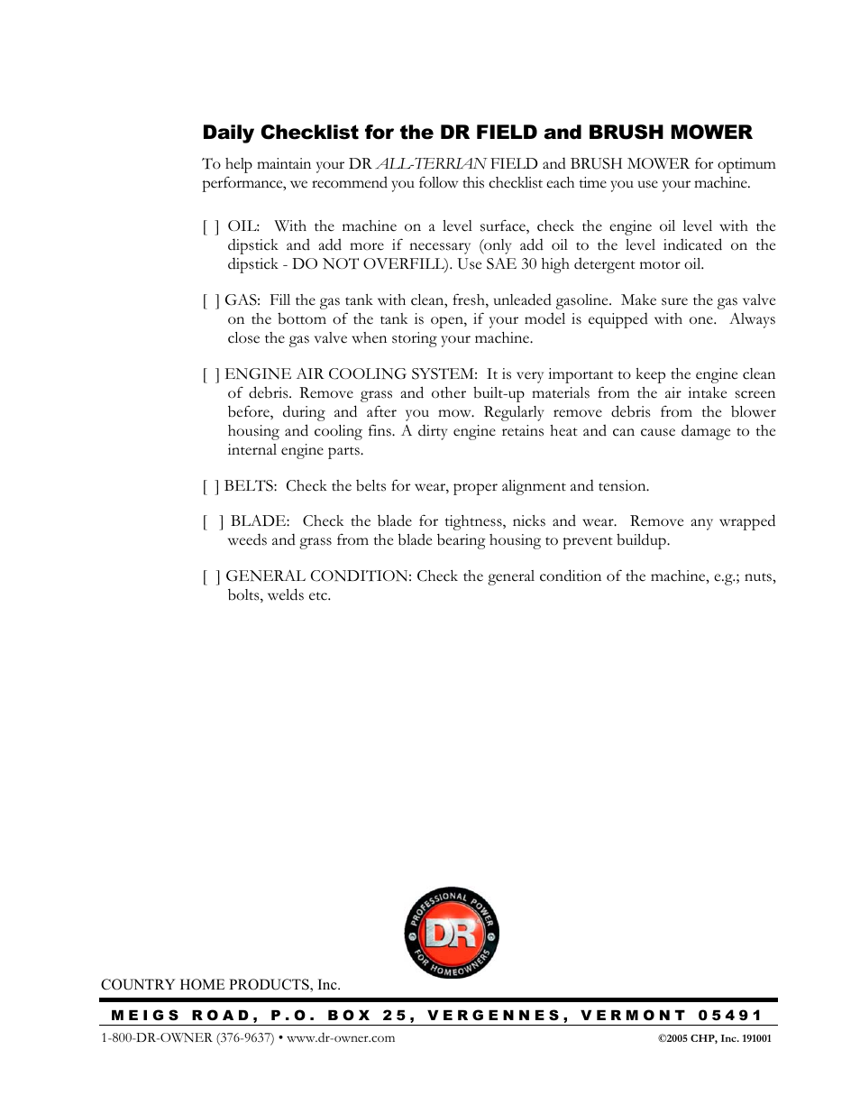 Daily checklist for the dr field and brush mower | DR Power Walk-behind 13 - 17 HP (April 2005 - August 2005) User Manual | Page 54 / 54