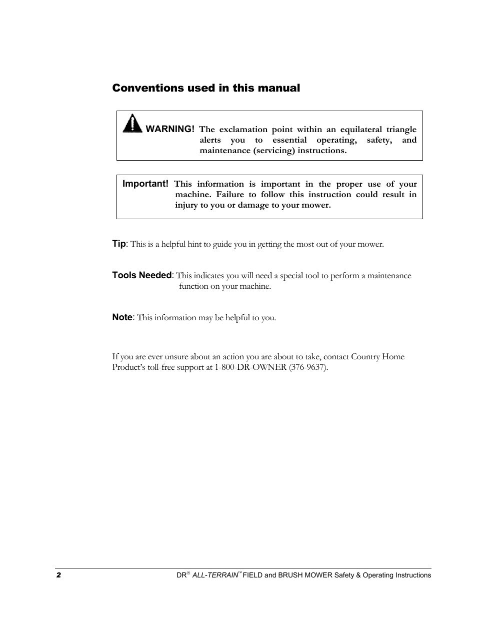 Conventions used in this manual | DR Power Walk-behind 13 - 17 HP (April 2005 - August 2005) User Manual | Page 6 / 54