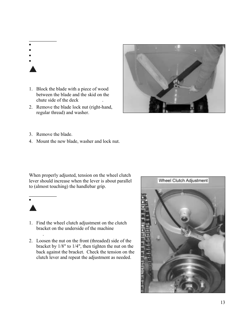 To remove/replace the blade, To adjust the wheel clutch, Emove | Eplace the, Lade, Djust the, Heel, Lutch | DR Power Walk-behind 13 - 17 HP (May 2001 - February 2003) User Manual | Page 19 / 36
