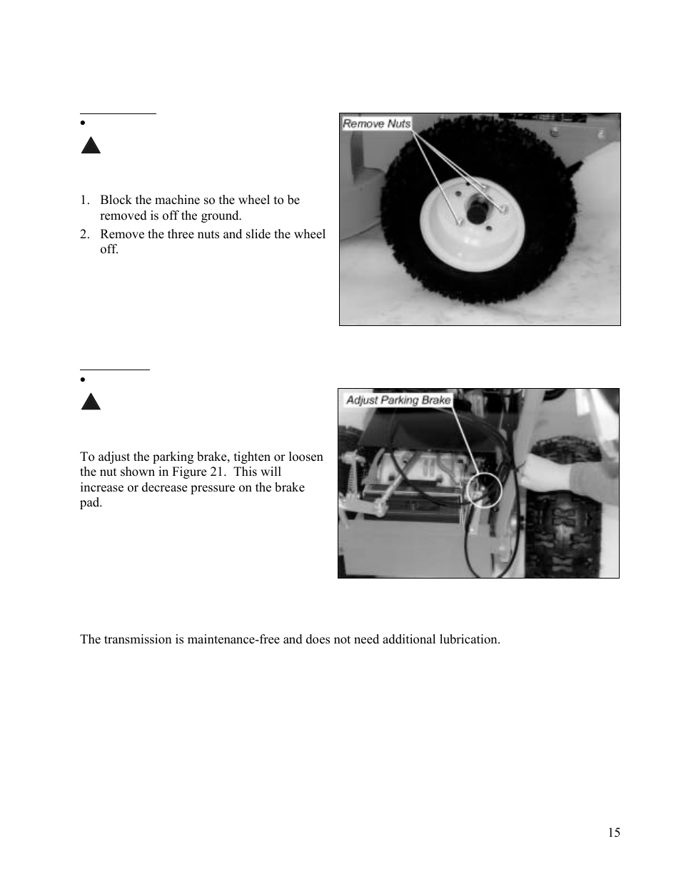 To remove the wheels, To adjust the parking brake, Transmission | Emove the, Heels, Djust the, Arking, Rake, Ransmission | DR Power Walk-behind 13 - 17 HP (May 2001 - February 2003) User Manual | Page 21 / 36