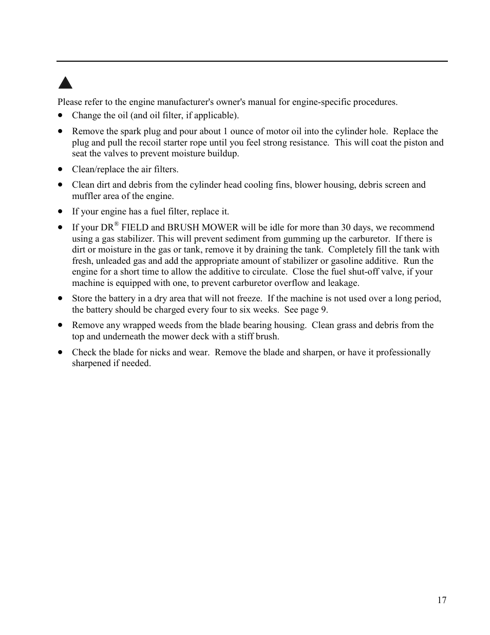End of season & storage | DR Power Walk-behind 13 - 17 HP (May 2001 - February 2003) User Manual | Page 23 / 36