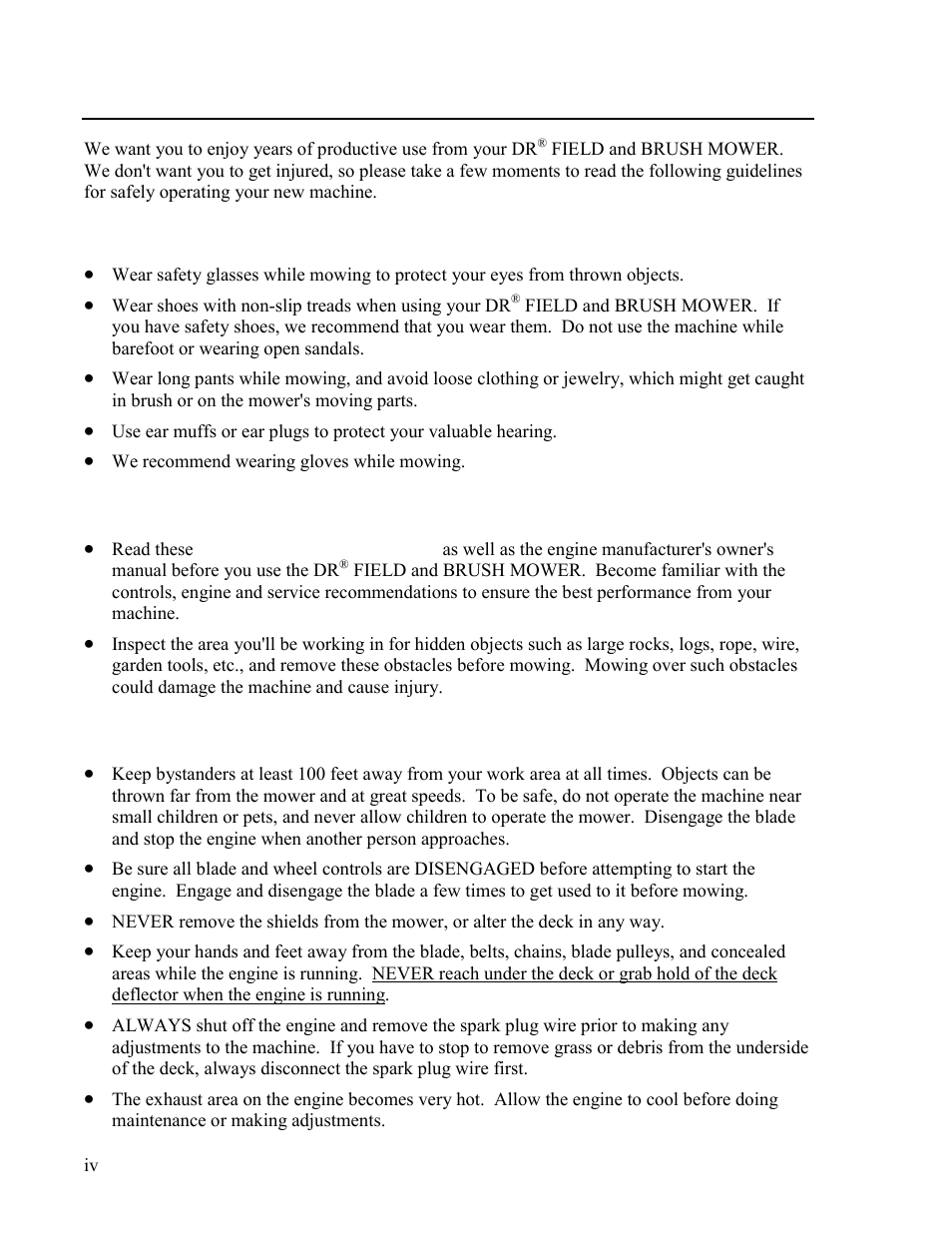 Safety information, Dress appropriately, Preparation | Operating the machine safely | DR Power Walk-behind 13 - 17 HP (May 2001 - February 2003) User Manual | Page 4 / 36