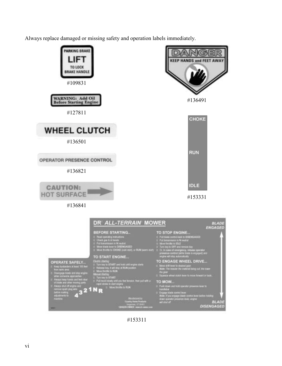 Safety/operation labels | DR Power Walk-behind 13 - 17 HP (May 2001 - February 2003) User Manual | Page 6 / 36