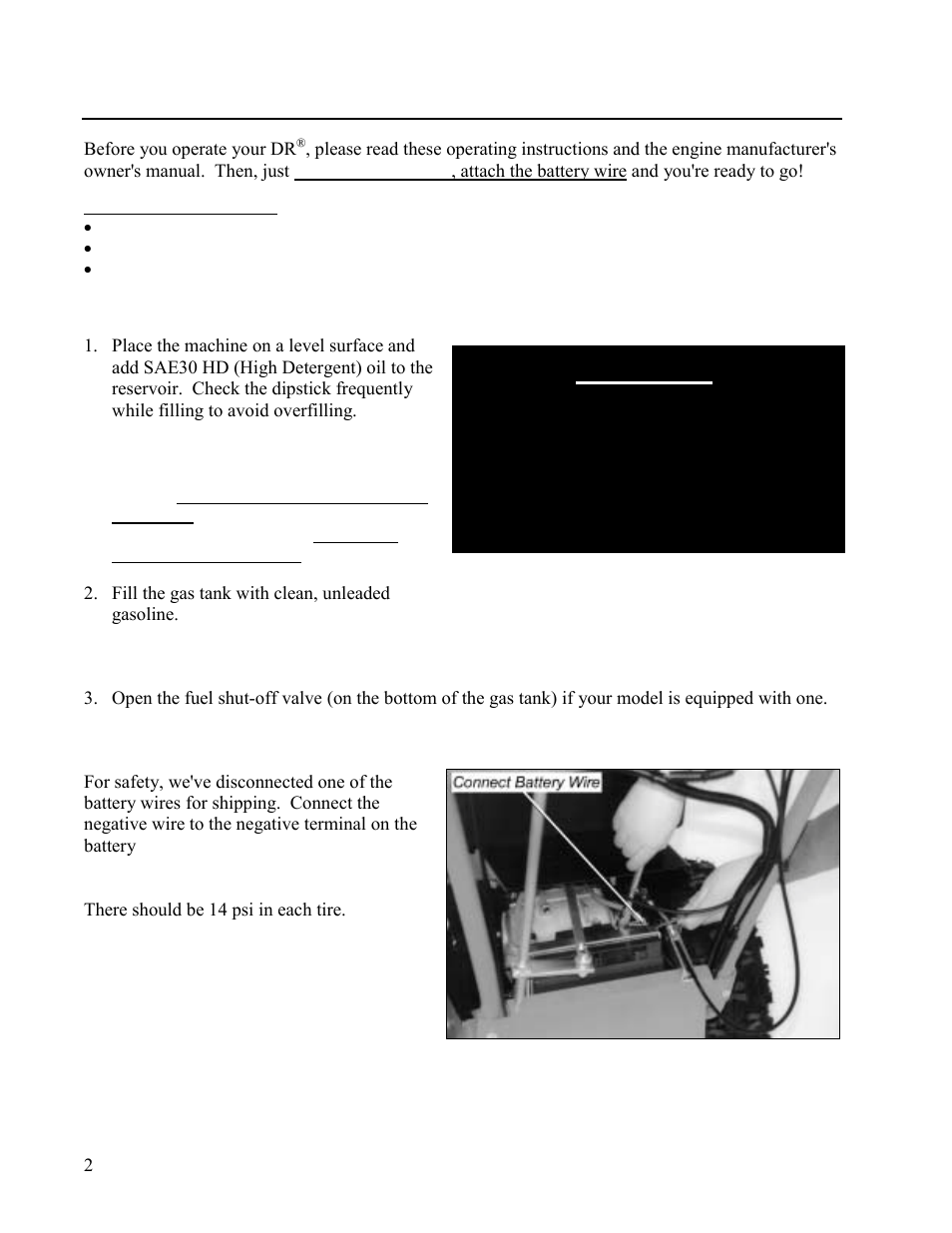 Before starting, Add oil and gas, Connect the battery wire | Check the tire pressure, Il and, Onnect the, Attery, Heck the, Ressure, Warning | DR Power Walk-behind 13 - 17 HP (May 2001 - February 2003) User Manual | Page 8 / 36