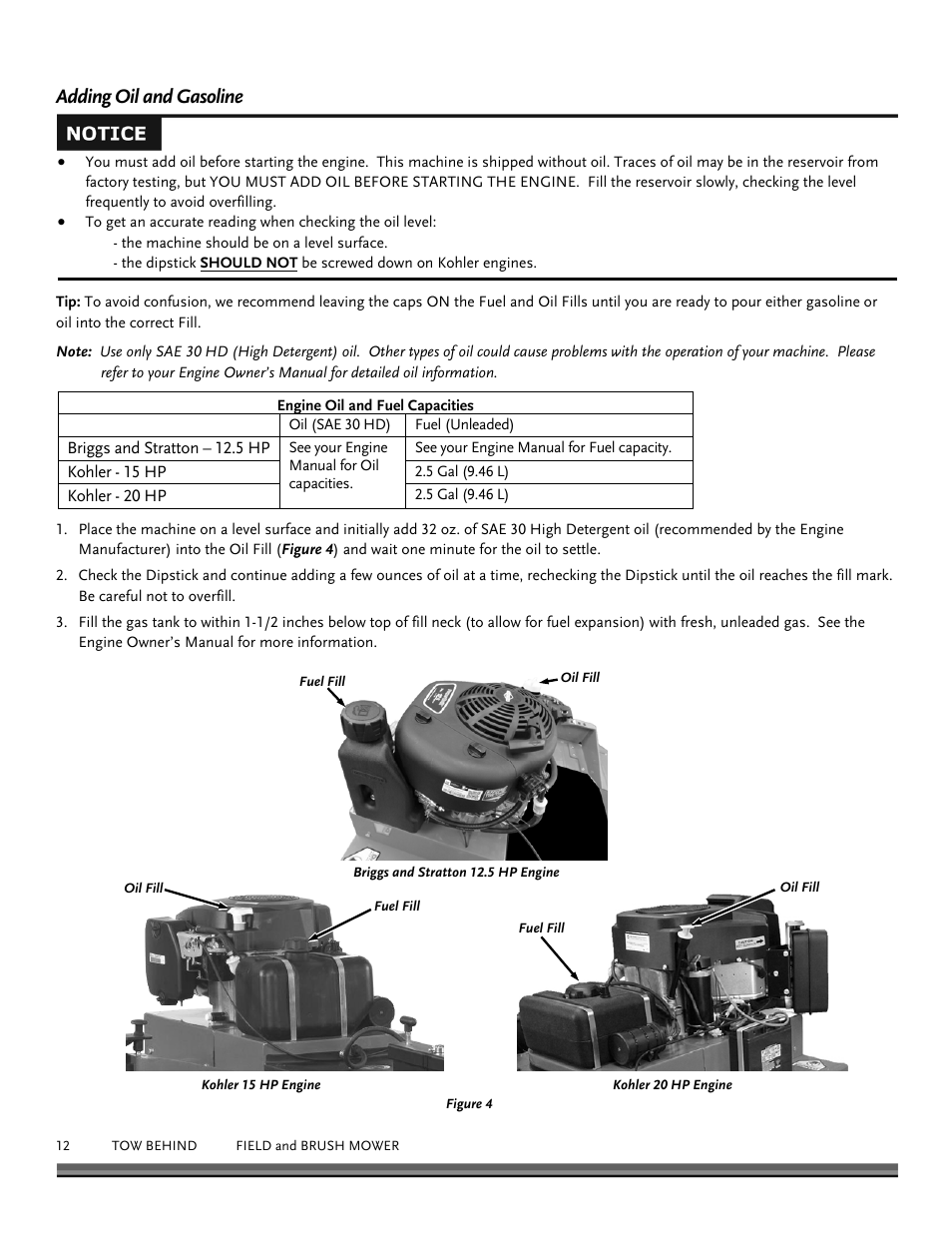 Adding oil and gasoline | DR Power Tow Behind Premier 12.5hp B&S User Manual | Page 12 / 40