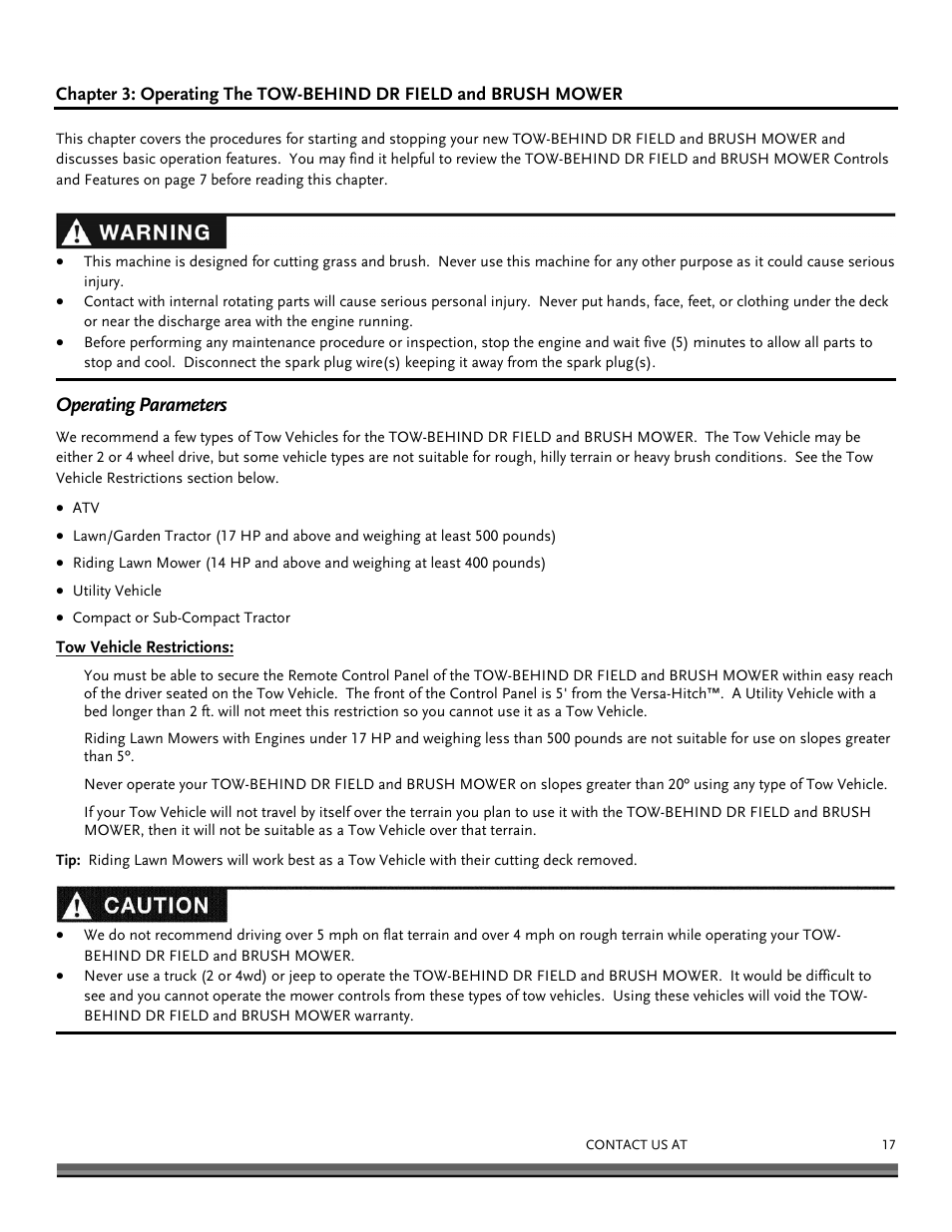 Operating parameters | DR Power Tow Behind Premier 12.5hp B&S User Manual | Page 17 / 40