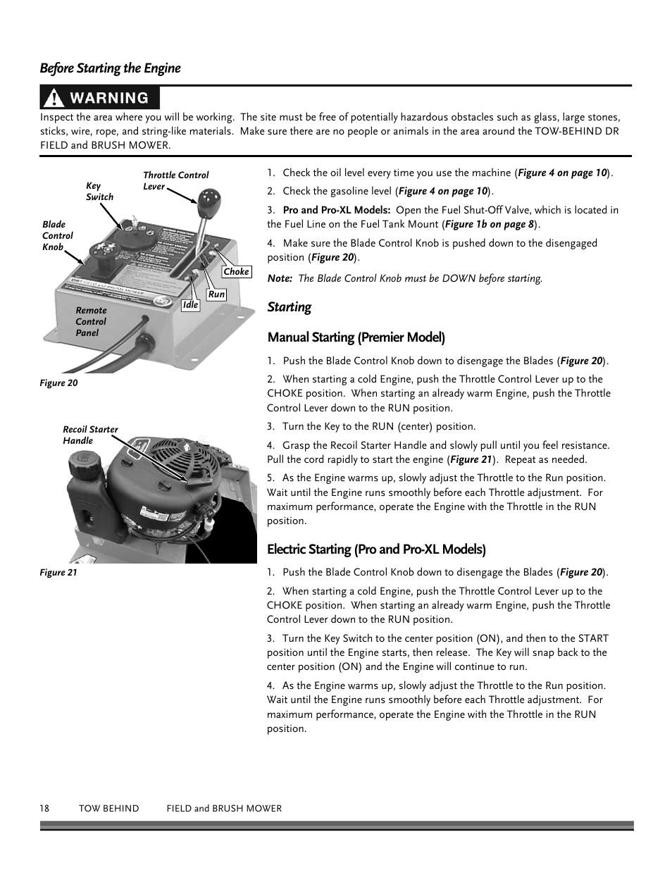 Before starting the engine, Starting manual starting (premier model), Electric starting (pro and pro-xl models) | DR Power Tow Behind Premier 12.5hp B&S User Manual | Page 18 / 40