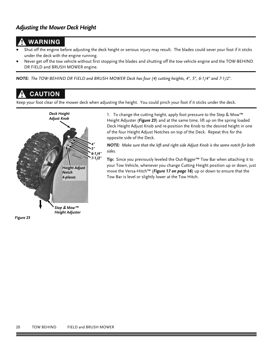 Adjusting the mower deck height | DR Power Tow Behind Premier 12.5hp B&S User Manual | Page 20 / 40