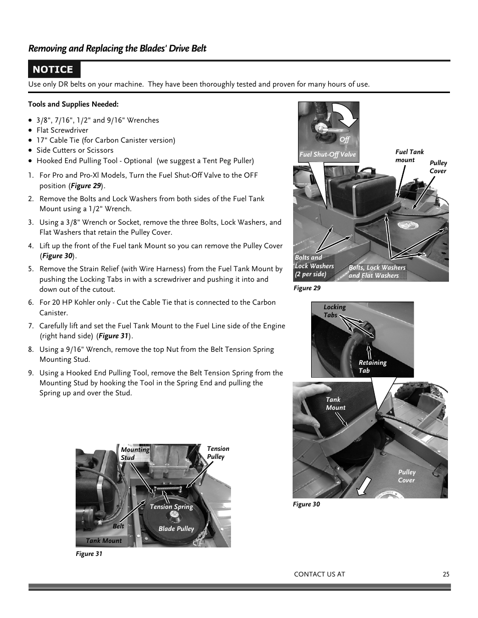 Removing and replacing the blades’ drive belt | DR Power Tow Behind Premier 12.5hp B&S User Manual | Page 25 / 40