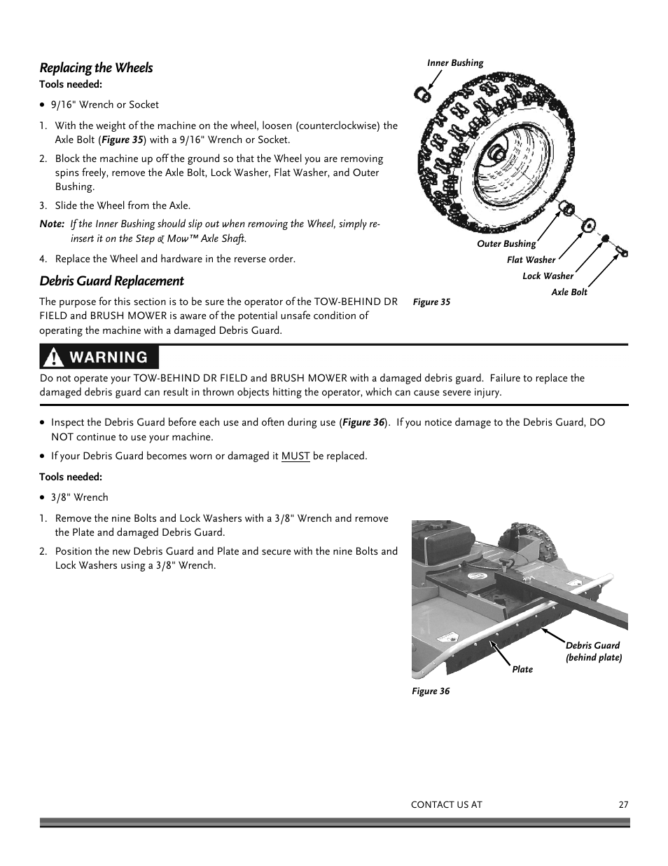 Replacing the wheels, Debris guard replacement | DR Power Tow Behind Premier 12.5hp B&S User Manual | Page 27 / 40