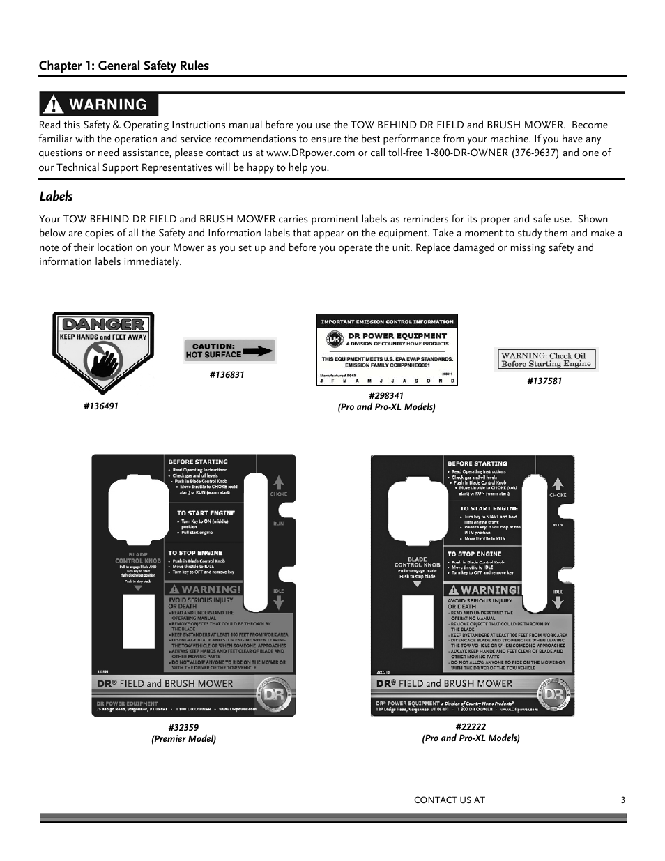 Labels | DR Power Tow Behind Premier 12.5hp B&S User Manual | Page 3 / 40