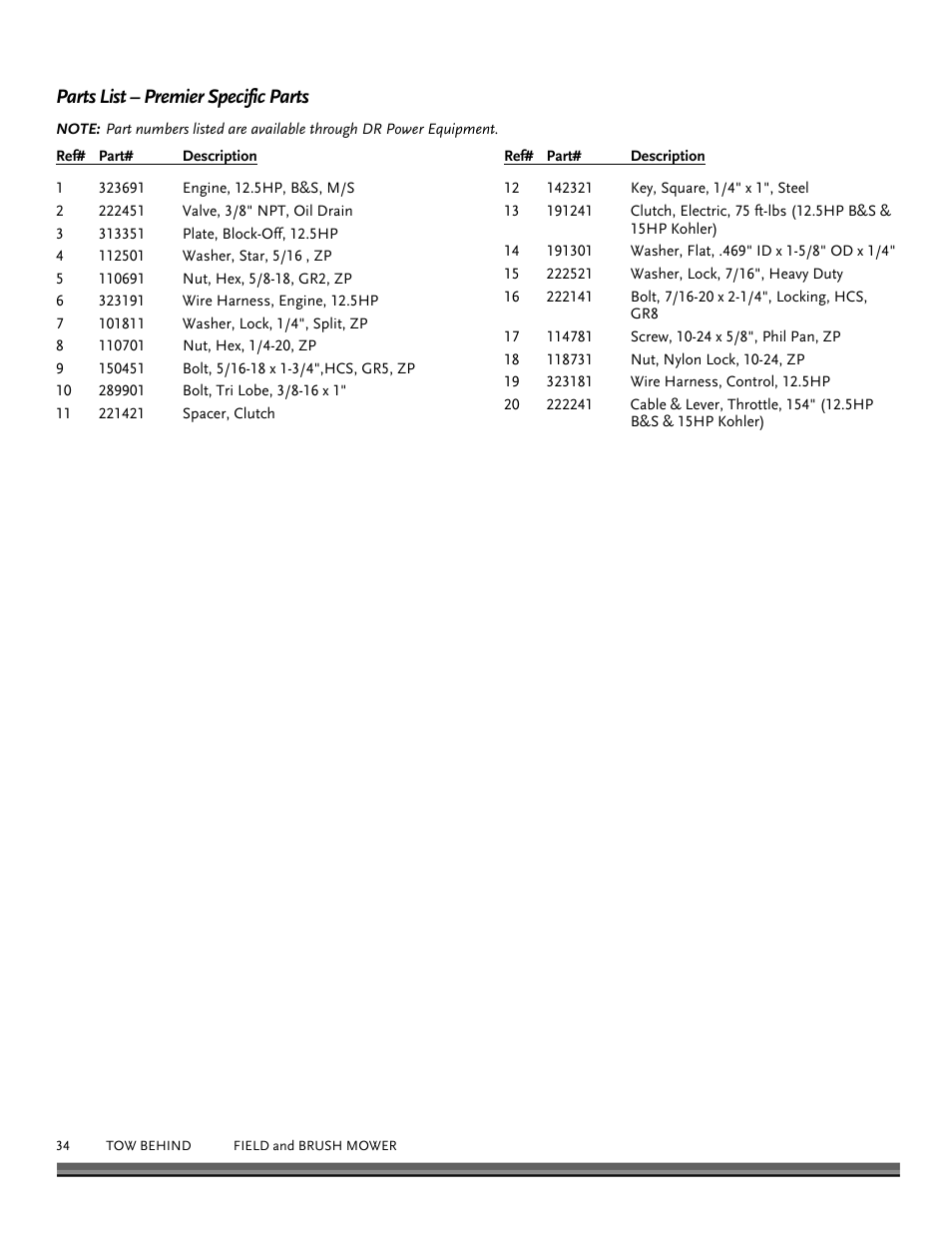 Parts list – premier specific parts | DR Power Tow Behind Premier 12.5hp B&S User Manual | Page 34 / 40