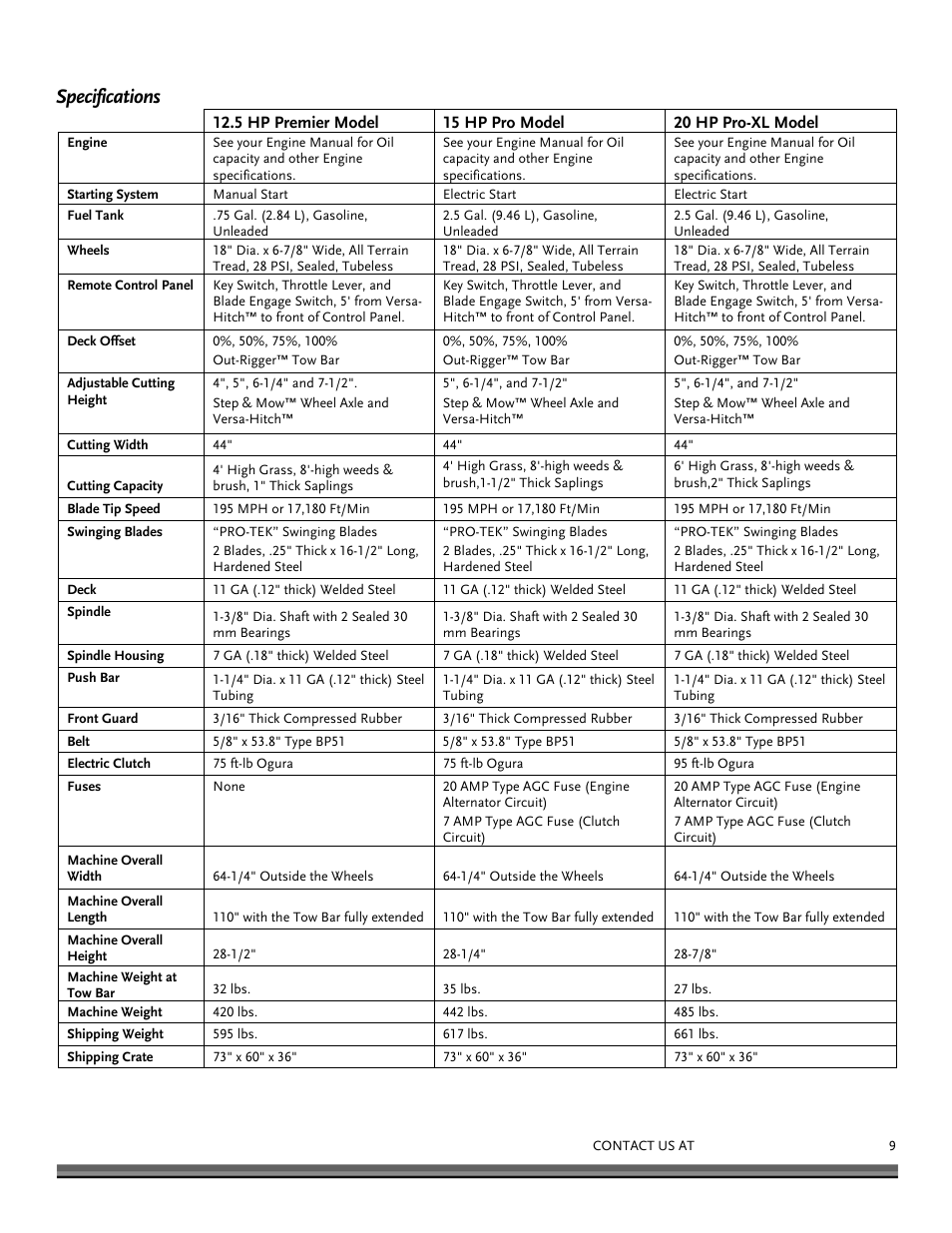 Specifications | DR Power Tow Behind Premier 12.5hp B&S User Manual | Page 9 / 40