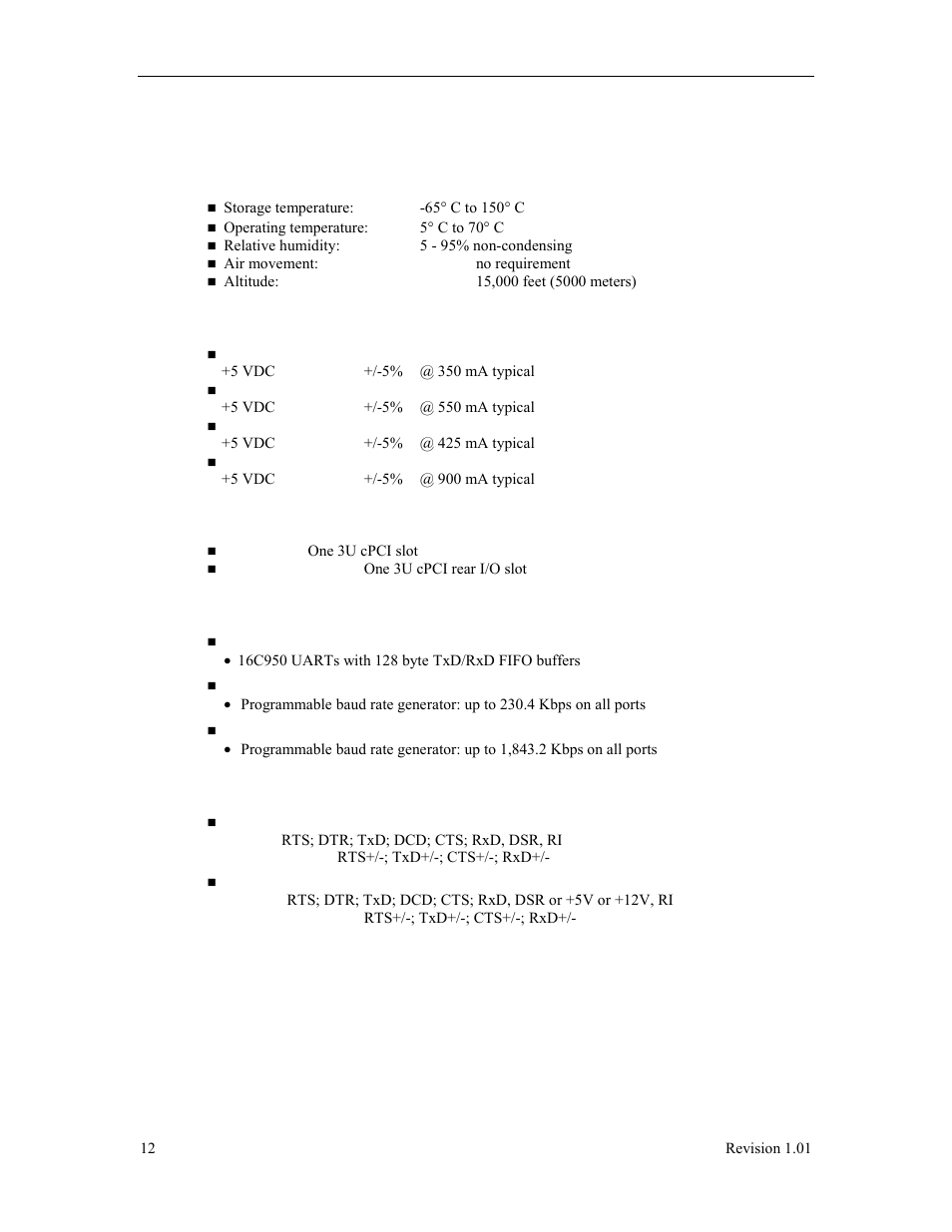 Appendix a: specifications, Operating environment, Power requirements | Compactpci bus interface, Communications, Control signals | Connect Tech Titan/cPCI User Manual | Page 17 / 34