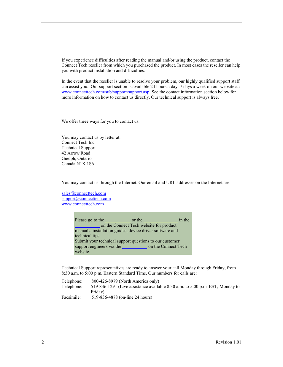 Customer support overview, Contact information | Connect Tech Titan/cPCI User Manual | Page 7 / 34