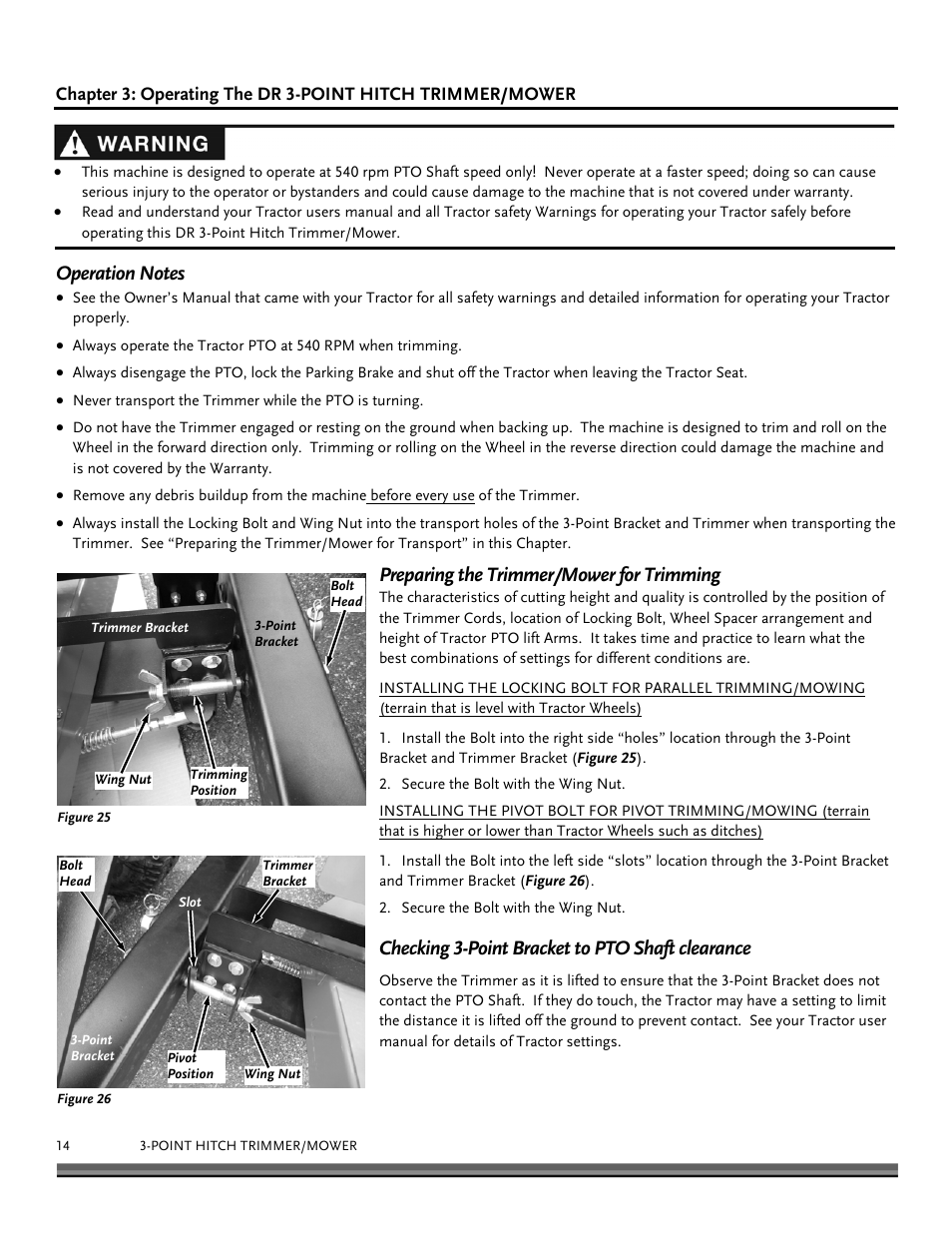 Preparing the trimmer/mower for trimming, Checking 3-point bracket to pto shaft clearance | DR Power 3-Point Hitch (April 2015 - Present) User Manual | Page 14 / 28