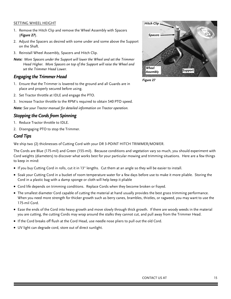Engaging the trimmer head, Stopping the cords from spinning, Cord tips | DR Power 3-Point Hitch (April 2015 - Present) User Manual | Page 15 / 28