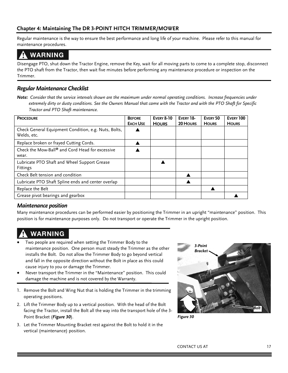 Regular maintenance checklist, Maintenance position | DR Power 3-Point Hitch (April 2015 - Present) User Manual | Page 17 / 28