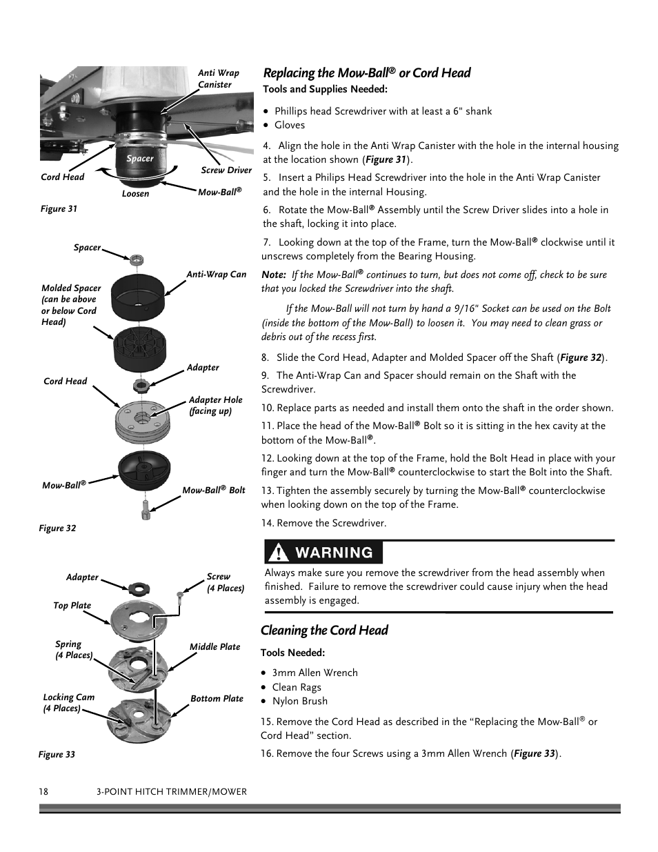 Replacing the mow-ball, Or cord head, Cleaning the cord head | DR Power 3-Point Hitch (April 2015 - Present) User Manual | Page 18 / 28