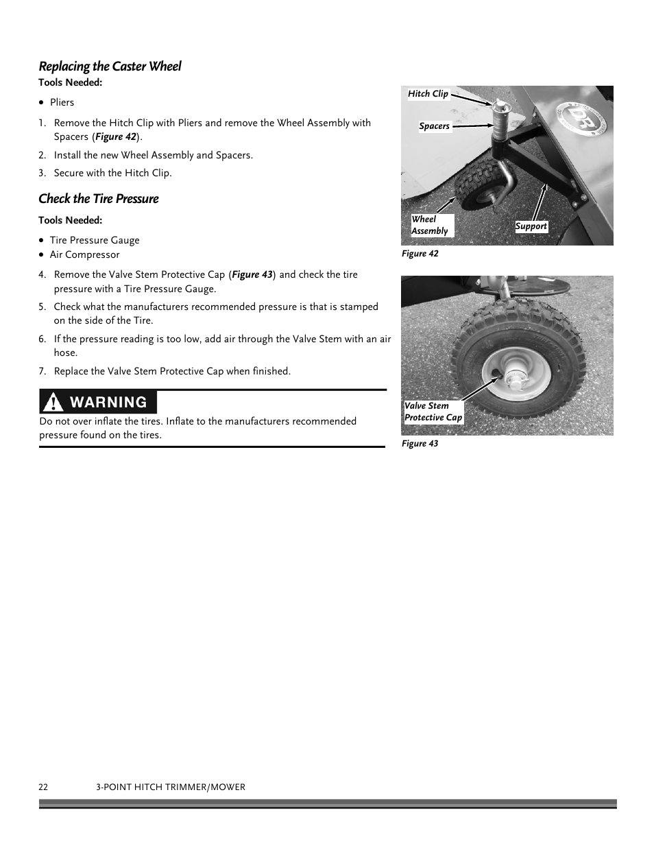Replacing the caster wheel, Check the tire pressure | DR Power 3-Point Hitch (April 2015 - Present) User Manual | Page 22 / 28