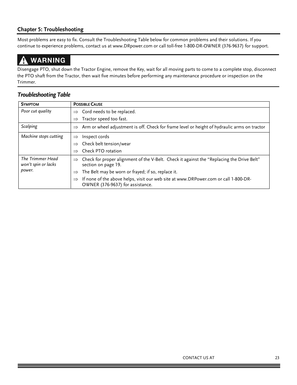 Troubleshooting table | DR Power 3-Point Hitch (April 2015 - Present) User Manual | Page 23 / 28