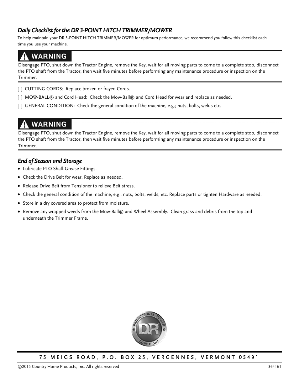 End of season and storage | DR Power 3-Point Hitch (April 2015 - Present) User Manual | Page 28 / 28
