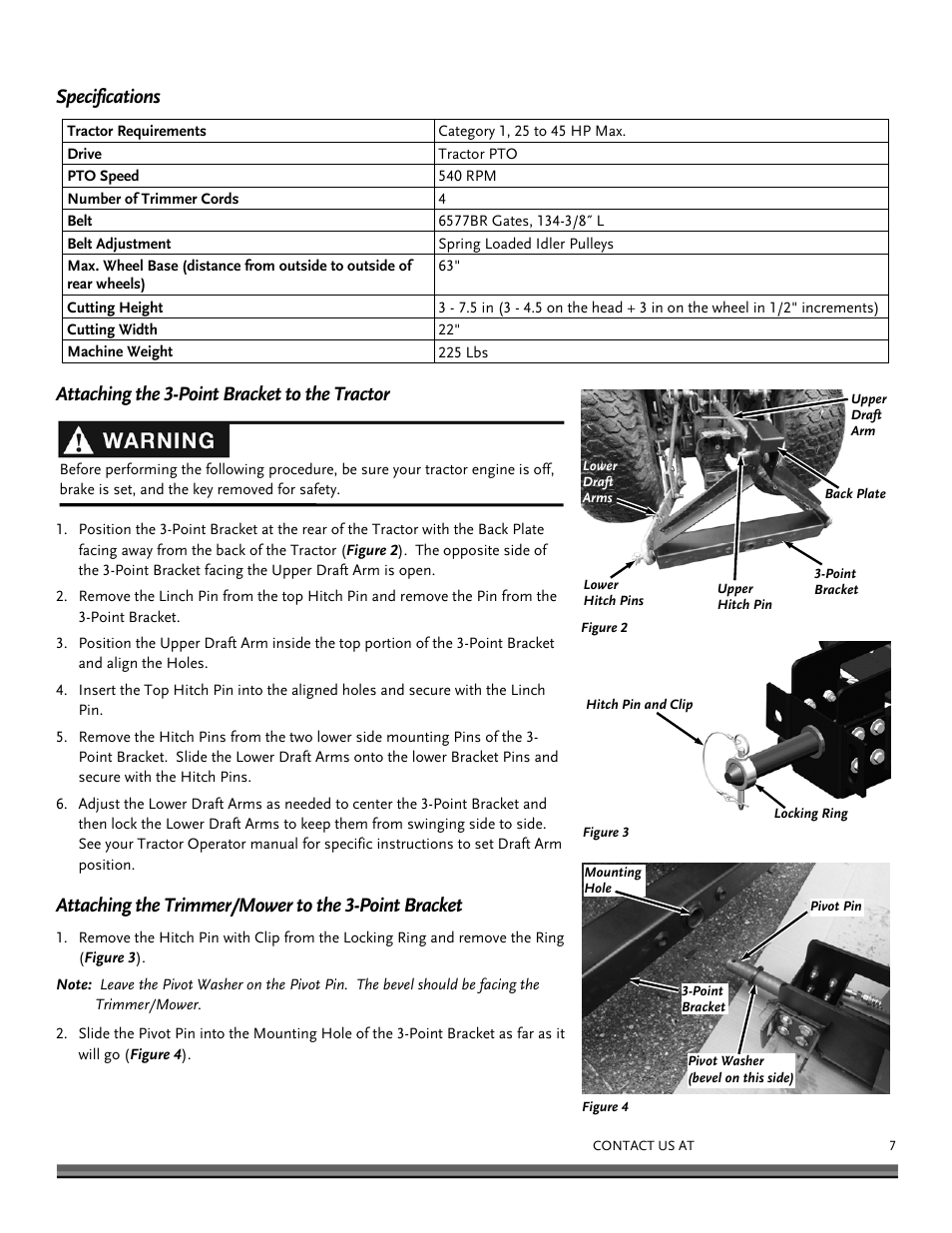 Specifications, Attaching the 3-point bracket to the tractor, Attaching the trimmer/mower to the 3-point bracket | DR Power 3-Point Hitch (April 2015 - Present) User Manual | Page 7 / 28