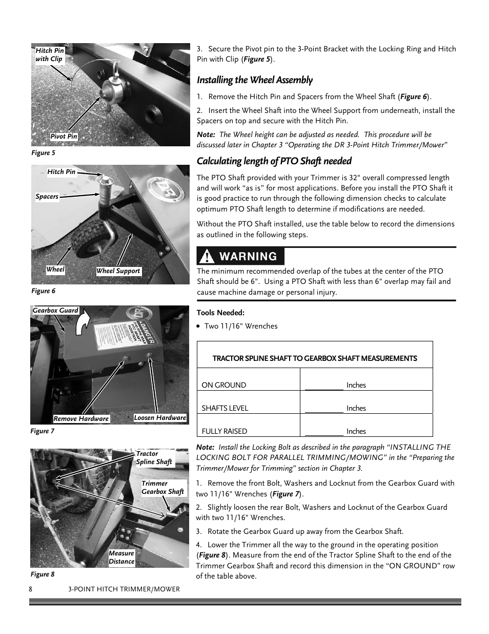 Installing the wheel assembly, Calculating length of pto shaft needed | DR Power 3-Point Hitch (April 2015 - Present) User Manual | Page 8 / 28