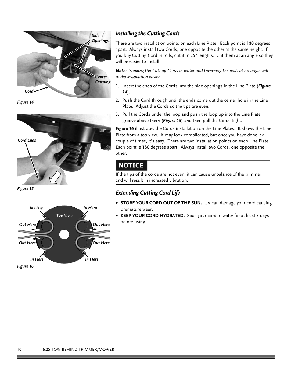 Installing the cutting cords, Extending cutting cord life | DR Power Tow-Behind Yard Trimmer User Manual | Page 10 / 28