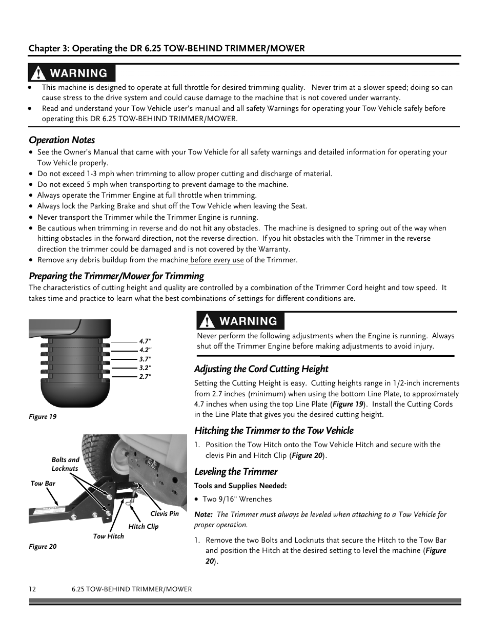 Preparing the trimmer/mower for trimming, Adjusting the cord cutting height, Hitching the trimmer to the tow vehicle | Leveling the trimmer | DR Power Tow-Behind Yard Trimmer User Manual | Page 12 / 28