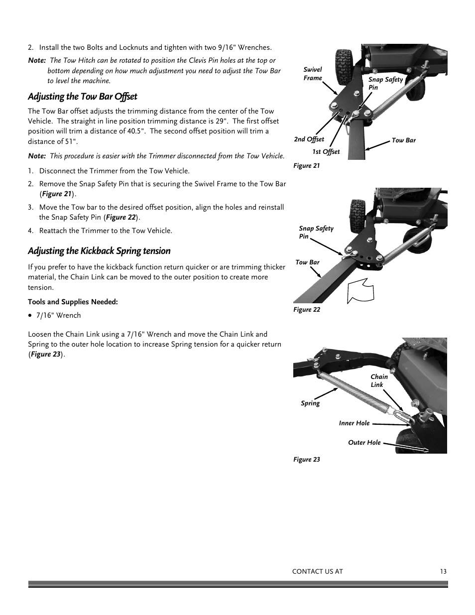 Adjusting the tow bar offset, Adjusting the kickback spring tension | DR Power Tow-Behind Yard Trimmer User Manual | Page 13 / 28