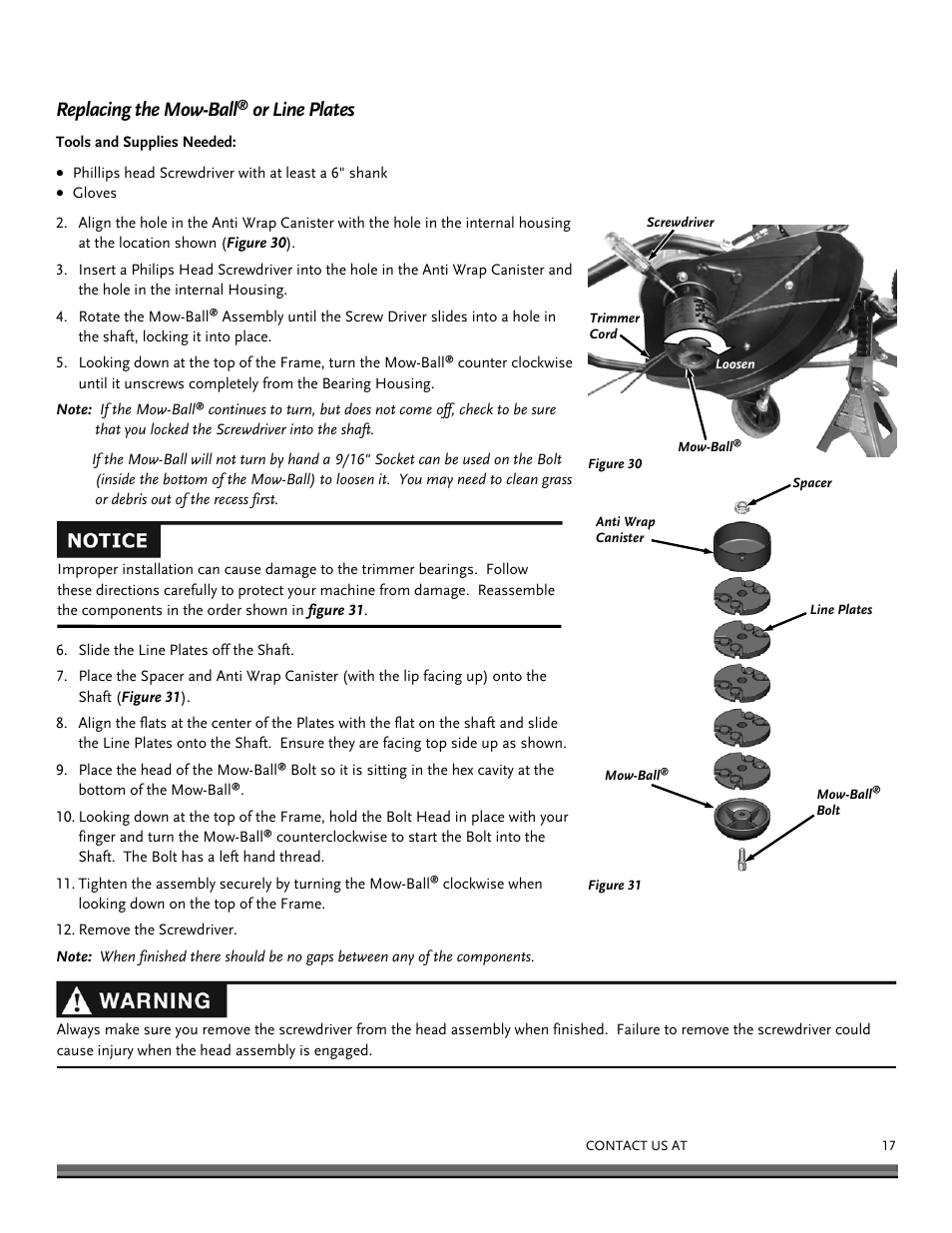 Replacing the mow-ball, Or line plates | DR Power Tow-Behind Yard Trimmer User Manual | Page 17 / 28