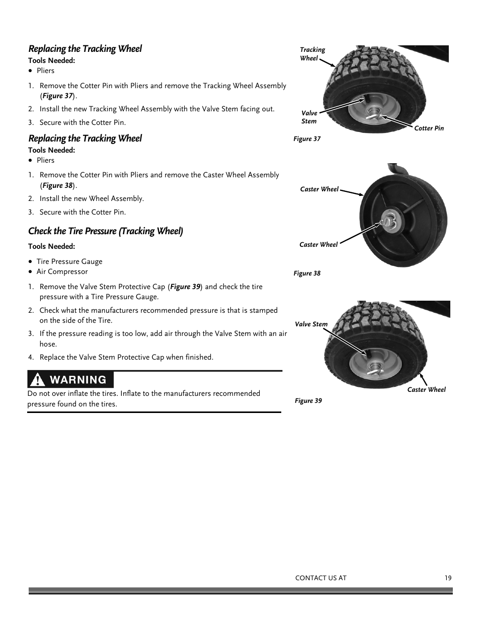 Replacing the tracking wheel, Check the tire pressure (tracking wheel) | DR Power Tow-Behind Yard Trimmer User Manual | Page 19 / 28