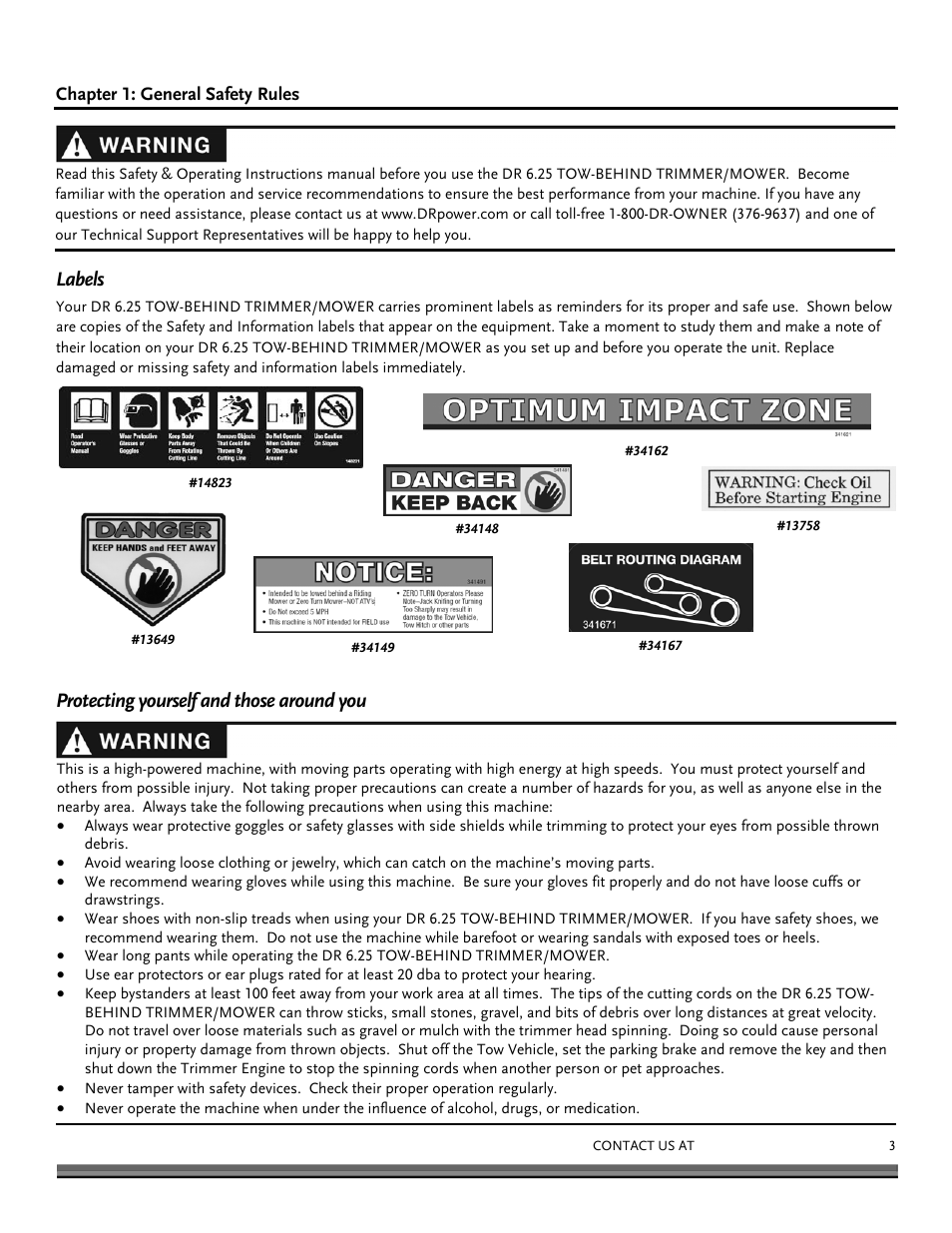Labels, Protecting yourself and those around you | DR Power Tow-Behind Yard Trimmer User Manual | Page 3 / 28